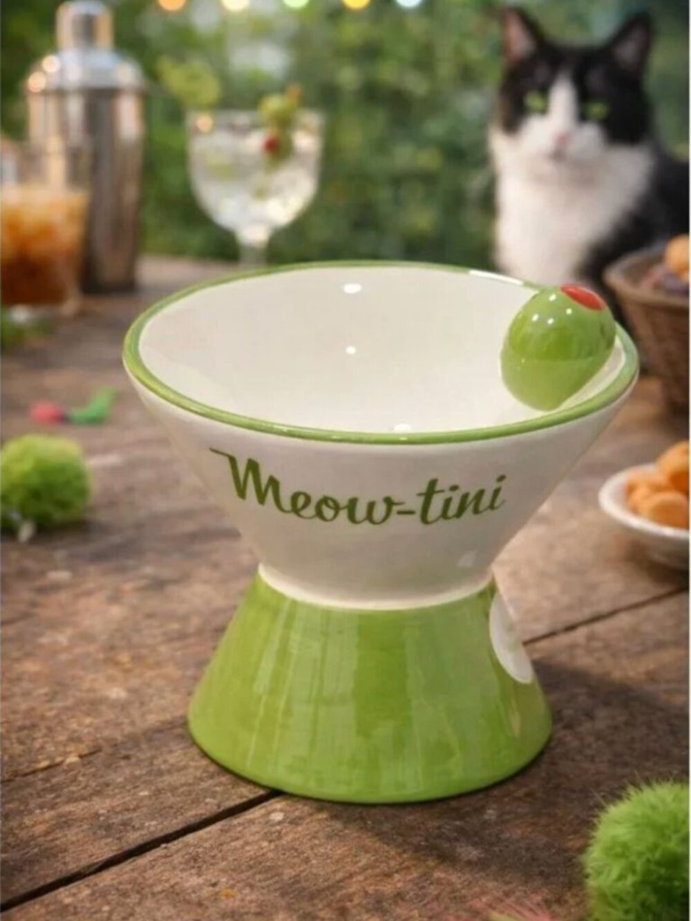 New Dirty Martini W/ Olive Meow-tini Ceramic Raised Tilted Cat Bowl